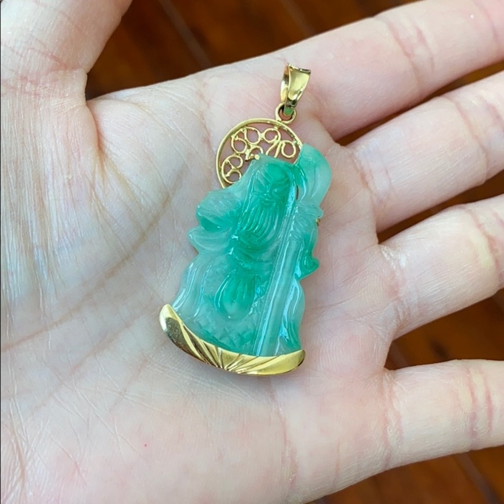 14K Real Solid Gold God of Longevity Jade Pendant